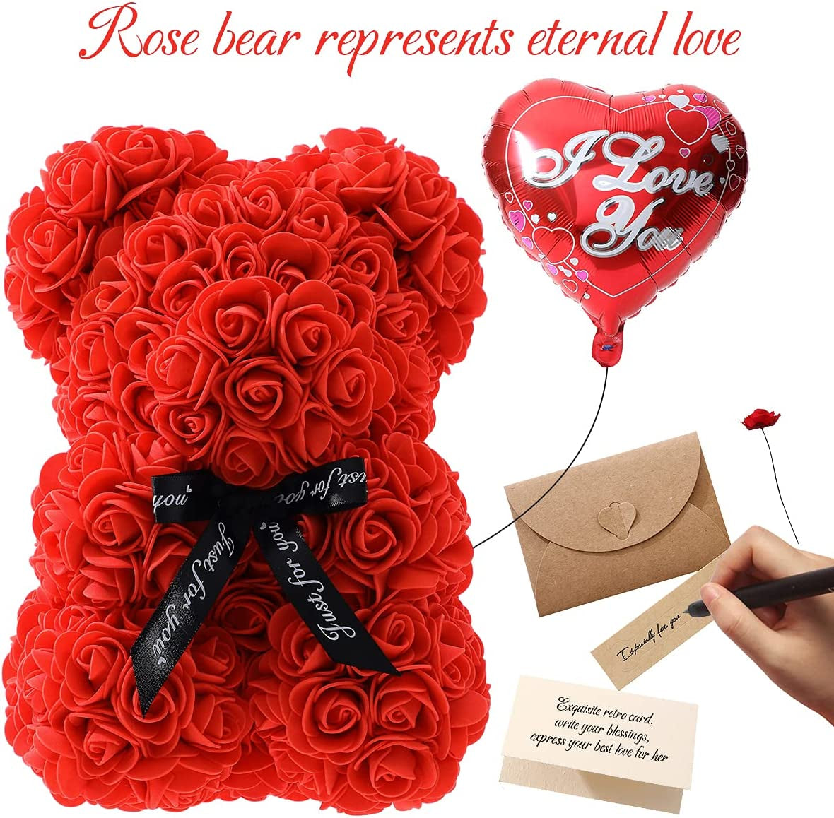 Gifts for Women - Rose Flower Bear - Rose Bear ,Pure Handmade Rose Teddy Bear ,Gift for Mothers Day,Valentines Day, Anniversary and Bridal Showers,W/Clear Gift Box and Greeting Card (Red)